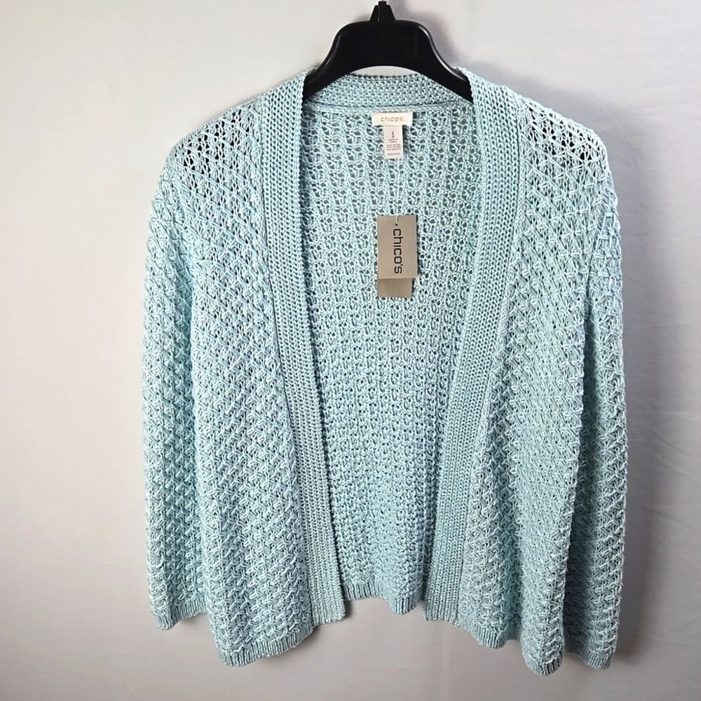 CHICO'S Cardigan Sweater Sz M 1 Light Blue Open Front Knit Top Nwt Long Sleeves‎